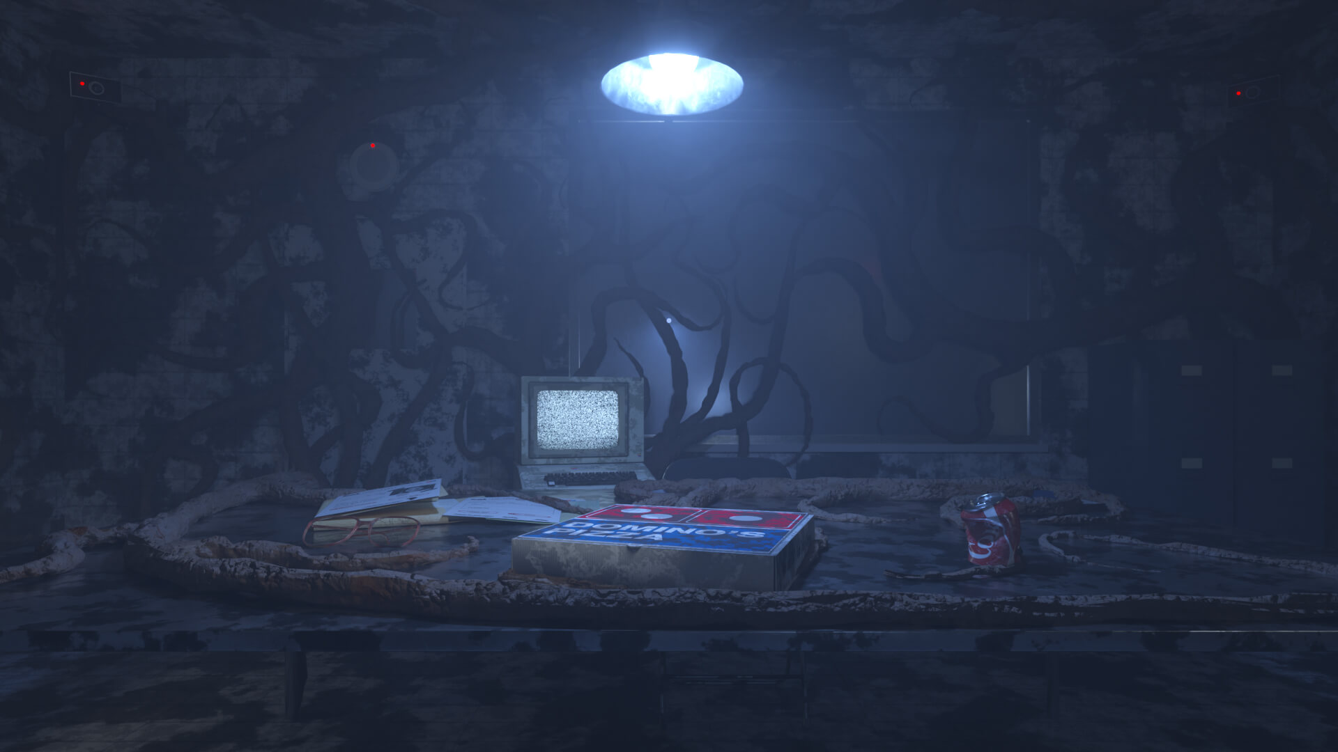 Laboratory scene, in the Upside Down featuring dark vines covering all the surfaces.