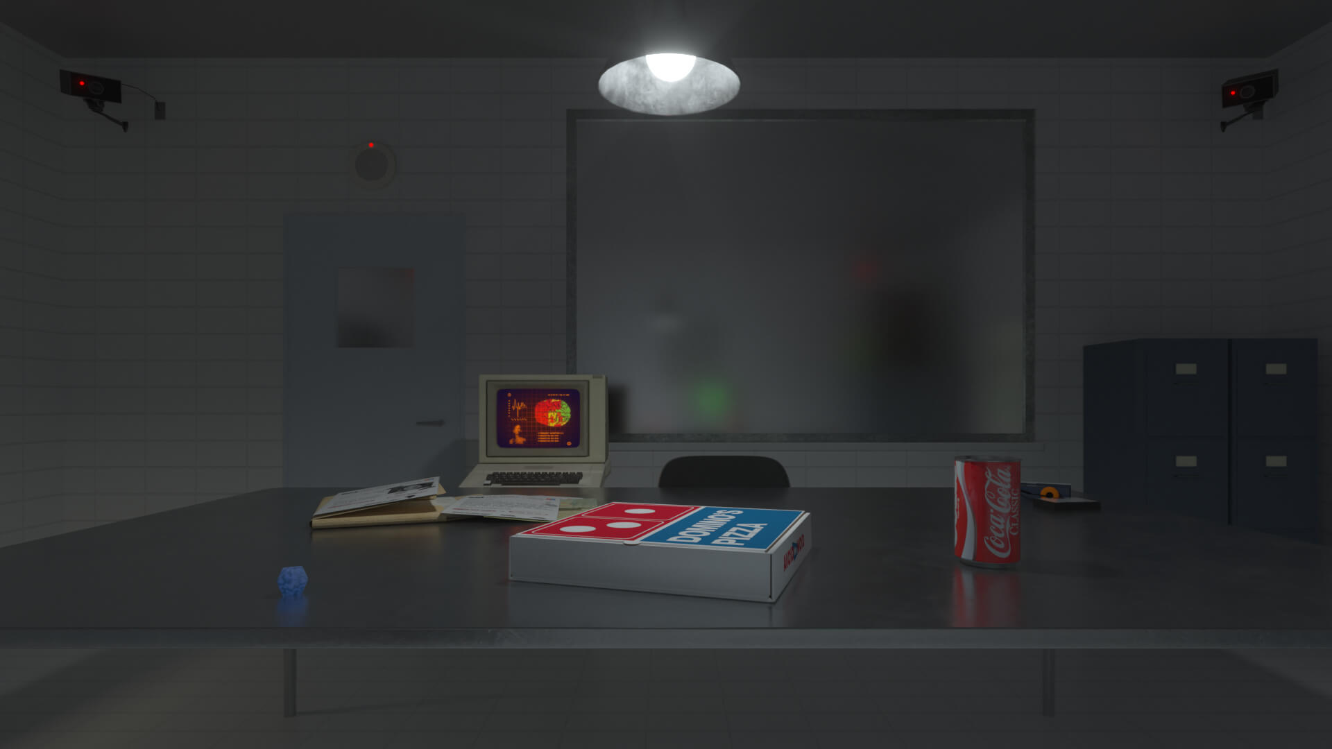 Hawkins National Laboratory observation room scene featuring a variety of props including a 1980s Domino's pizza box, 20 sided die, 1980s Coke can, 1980s computer monitor and a folder of papers on a metal desk.