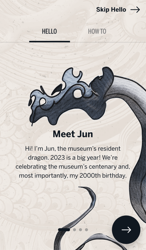 First onboarding screen featuring Jun, a 2000 year old dragon with a traditional dragon head and snake-like body.
