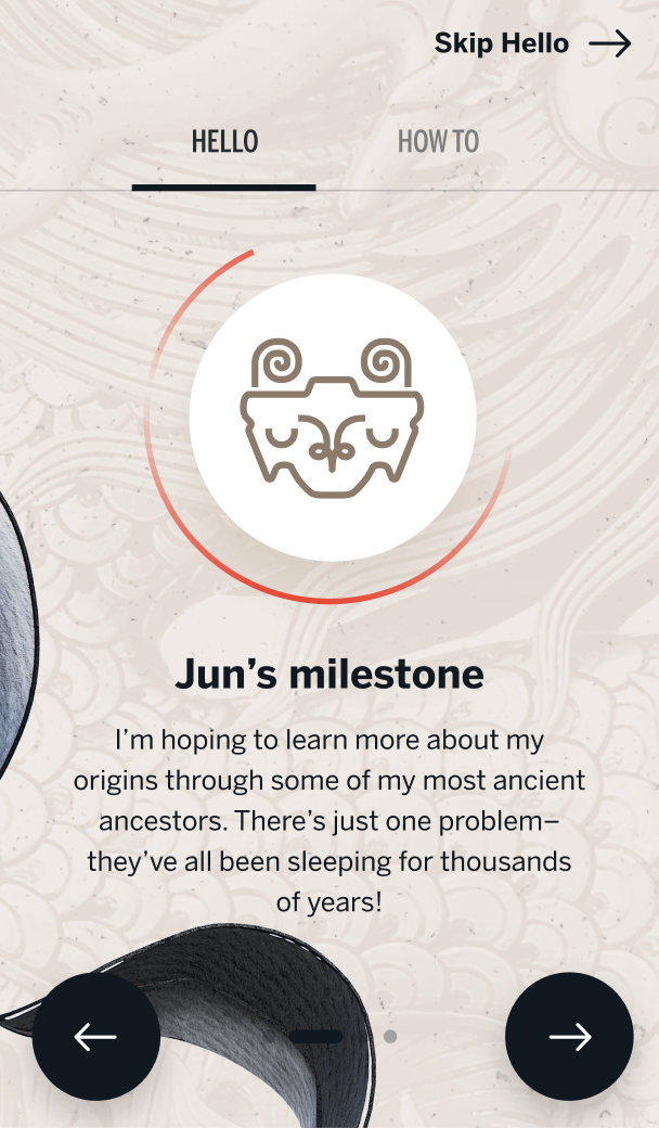 An onboarding screen featuring and icon of a dragon and messaging about Jun's desire to reconnect with its ancient ancestors.