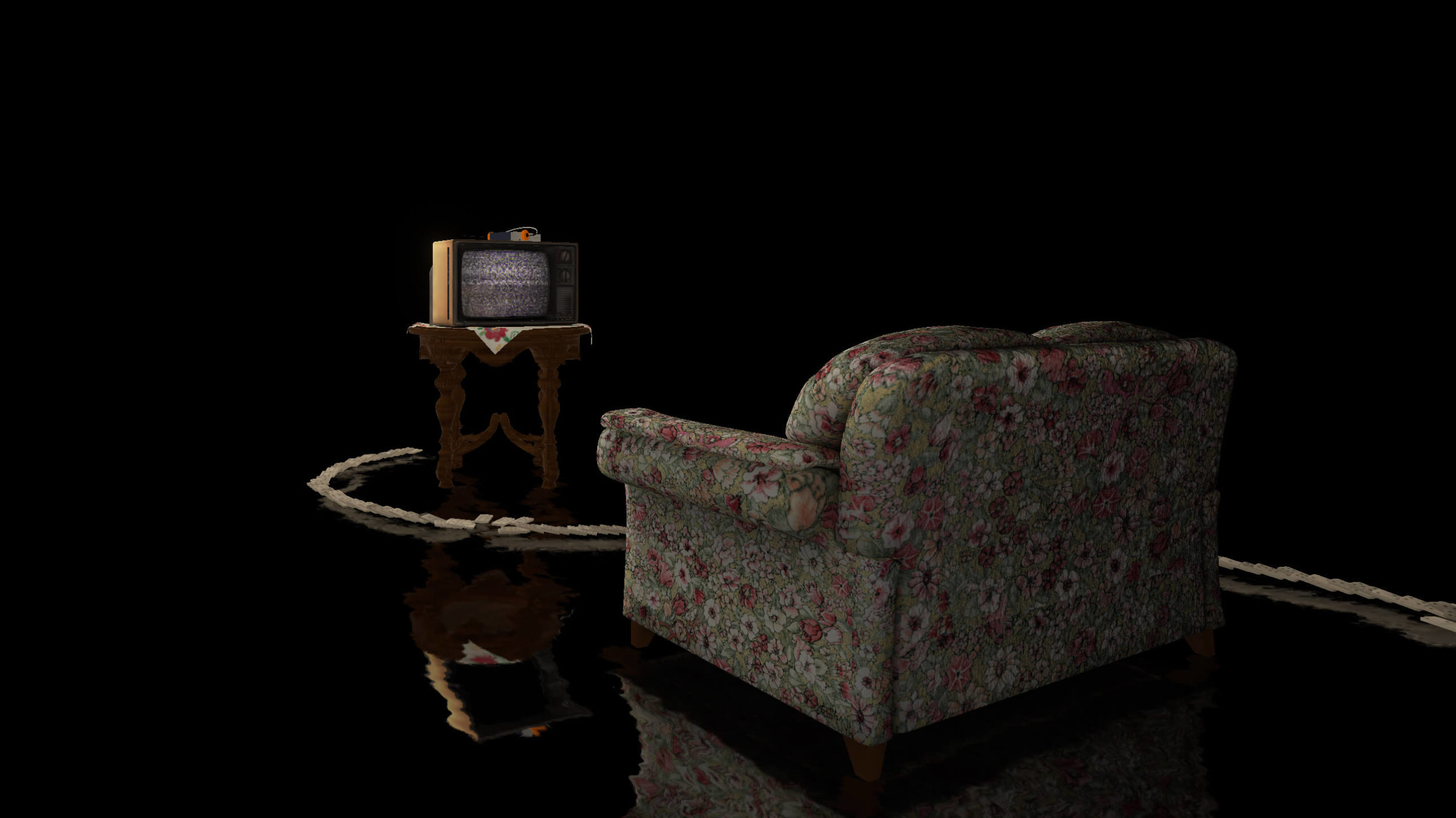 A black void scene like the ones from Stranger Things, featuring an old floral decorated family couch, a static 1980s tv set and domino's scattered on a water like surface.
