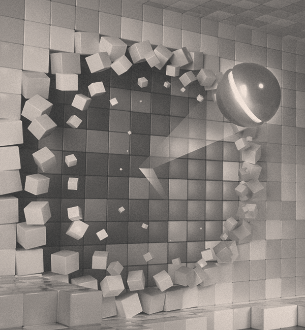 Virtual ball bouncing off and breaking through a voxel wall