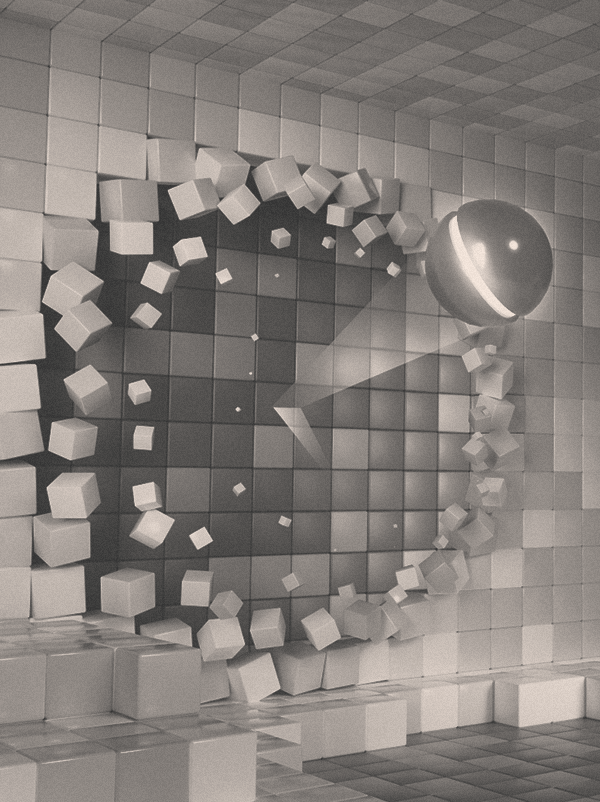 Virtual ball bouncing off and breaking through a voxel wall