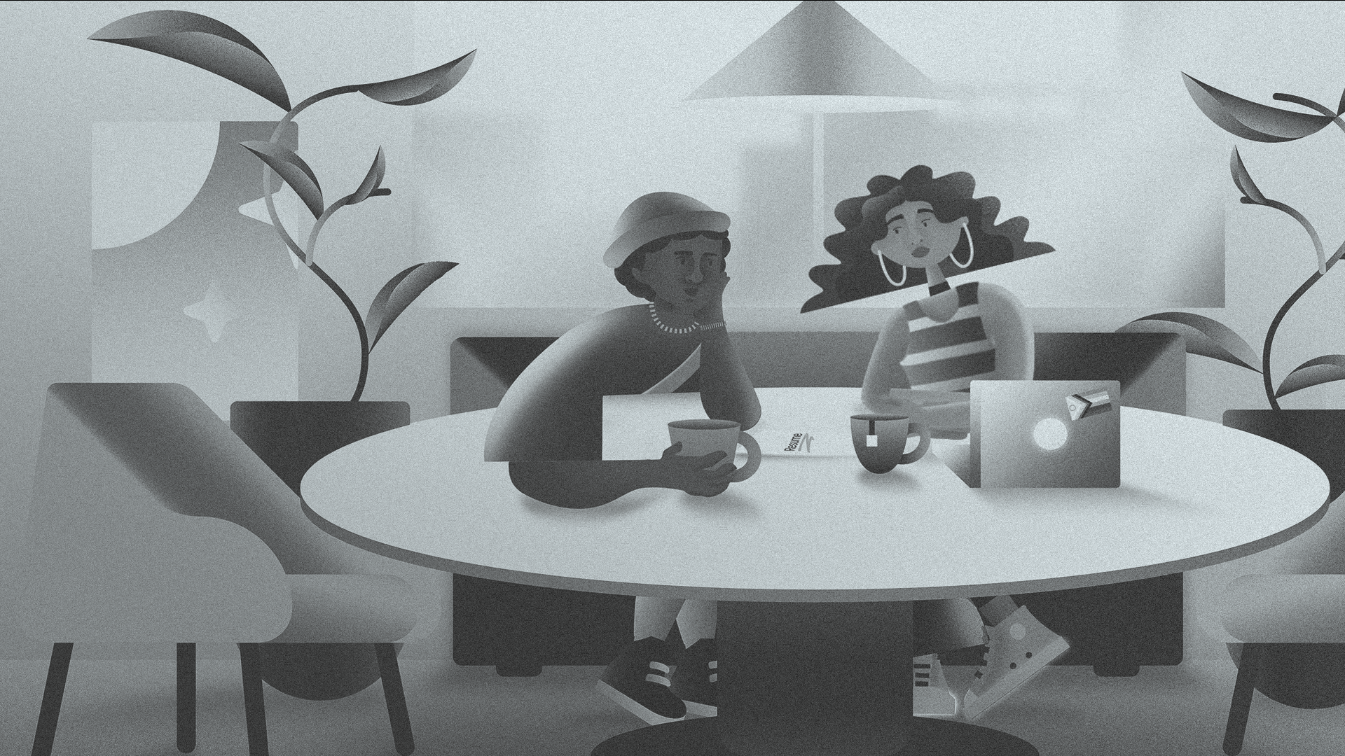 Illustration of a black person and latino girl sitting at a cafe table in conversation