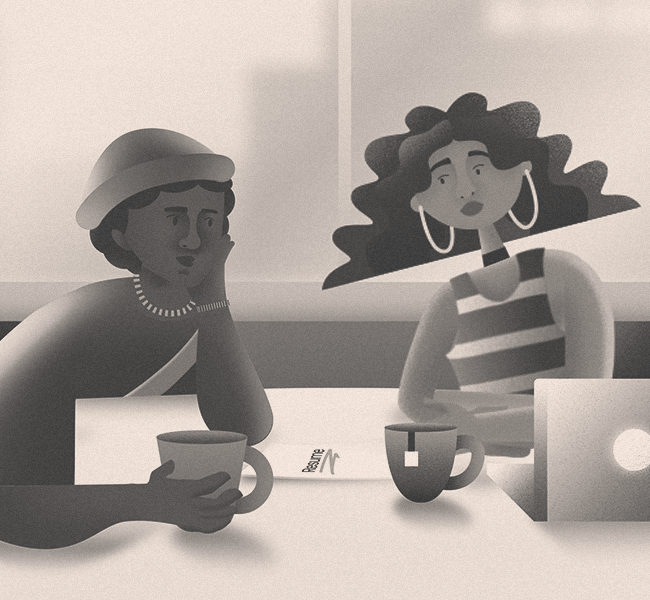 Illustration of a black person and latino girl chatting in a cafe