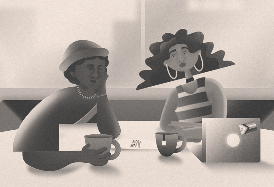 Illustration of a black person and latino girl chatting in a cafe