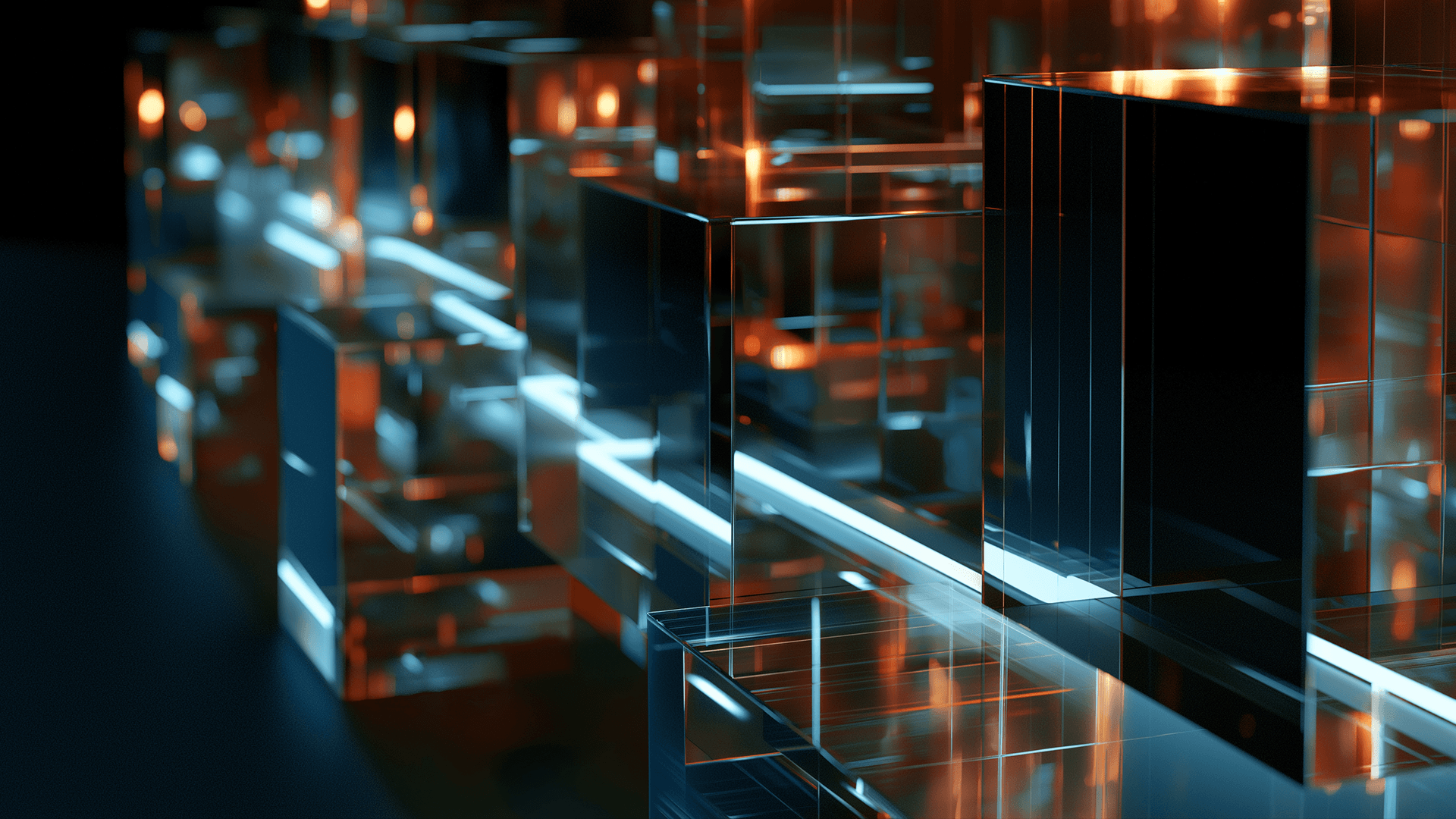 secretProject-systems Collection of glass cubes with lines of light refracting through them